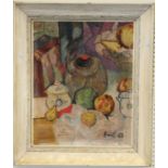 Emil ( 20th century) Still life study with jars, fruit and bread. Oil on board. Signed and dated '