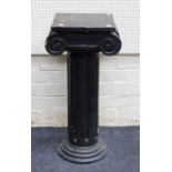 An early 20th century black painted wood Doric form pedestal / urn stand, 76cm