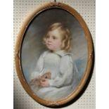 Arthur Hitchens (?) A three quarter length portrait of a young fair haired child holding a toy