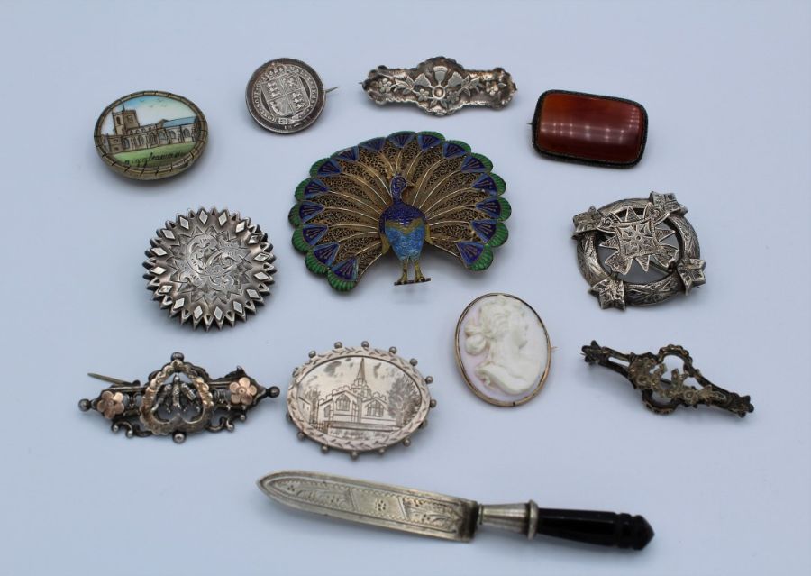 A small mixed lot of silver mounted and other bijouterie, including an enamelled peacock brooch,