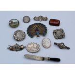 A small mixed lot of silver mounted and other bijouterie, including an enamelled peacock brooch,