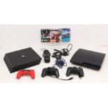 PlayStation: An unboxed PlayStation 3 and PlayStation 4 console. Each with one controller.