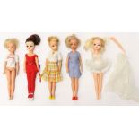 Sindy: A collection of five unboxed Sindy dolls in various outfits. Generally appear in good