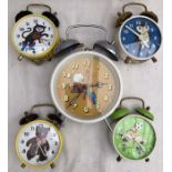 Alarm Clocks: A collection of five assorted vintage animated alarm clocks, to comprise: four by