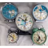 Alarm Clocks: A collection of five assorted vintage animated alarm clocks, to comprise: two by Hero,