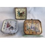 Clocks: A collection of three vintage animated alarm clocks to comprise: Lux of USA. Spinning wheel,