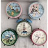 Alarm Clocks: A collection of five assorted vintage animated alarm clocks, to comprise: four by