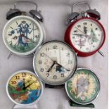 Alarm Clocks: A collection of five assorted vintage animated alarm clocks, to comprise: Equity