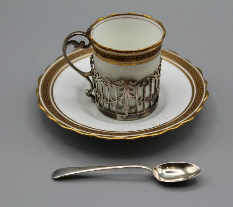 An Aynsley coffee set, in a Greek key pattern and gilded lobed rims, with sterling silver handles - Image 3 of 4