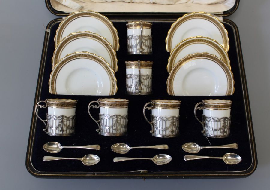 An Aynsley coffee set, in a Greek key pattern and gilded lobed rims, with sterling silver handles - Image 2 of 4