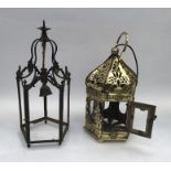 2 Vintage lanterns, 2 wired for electricity. To include: a sheet brass example with pierced and