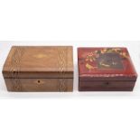 A 19th century inlaid trinket box, together with a 1920s Chinese red lacquered trinket box