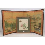 Early 20th century Chinese tabletop screen, along with Chinese embroidered mid-20th century silk