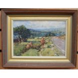 Julia Easterling - Oil on Board of Countryside with Cattle near roadside, framed, approx. 24.5cm