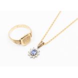 A sapphire and diamond 9ct gold gold pendant, set with an oval pale blue sapphire within diamond set