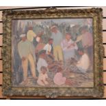 A naive oil on canvas of fishermen mending nets, in ornate frame, approx. 60cm across x 49.5cm