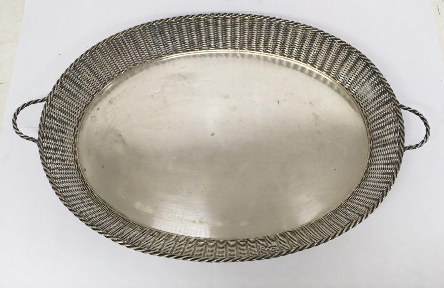 A French late 19th century / early 20th century silver plated basket weave style galleried tray by - Image 4 of 9