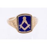 A 9ct gold and enamel Masonic swivel ring, featuring blue enamel and gold compass and square