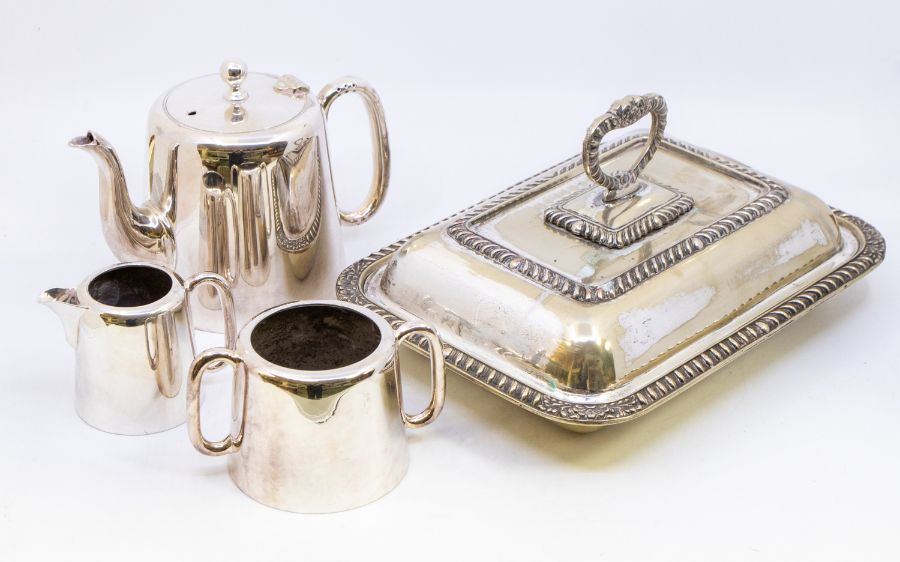 A collection of silver plated items to include 1970s' coffee set and food warmer