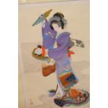 A collection of large Japanese pictures of Geisha girls, some hand-tinted, together with other