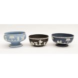 Wedgwood - 3 Jasper ware bowls, in light blue, black and cobalt.