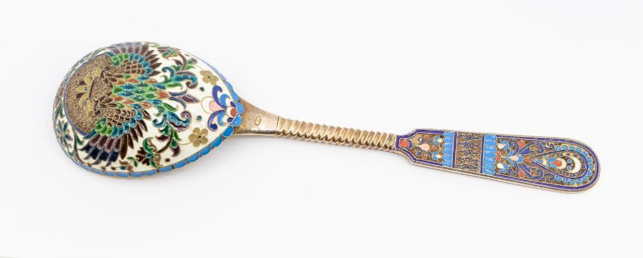 A mid to late 20th Century Russian 84 standard silver and cloisonné enamel large spoon, the