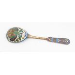 A mid to late 20th Century Russian 84 standard silver and cloisonné enamel large spoon, the