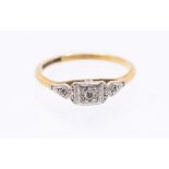 An Edwardian diamond platinum set 18ct gold ring, size Q, total gross weight approx 2.6gms