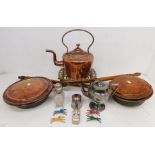 A collection of copper wares, plated wares, silver topped bottle and napkin rings etc.