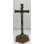 Good size Silver plated & brass Crucifix on oak base. Approximately 55cm tall (with base) and 20cm
