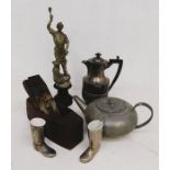 A collection of metal wares that includes: flat wares, condiments, metal tea sets, treen items and