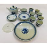 A Royal Copenhagen part tea service to include; Tea pot, milk jug, sugar bowl, six cups and saucers,