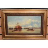 An oil on Canvas, of possibly Bristol Docks with shipping scene to centre, framed, approx. 38cm