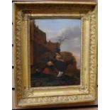 A mid 19th century Dutch School oil on board of figures with a donkey in a gilt frame, 23cm x 23cm