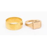 An 18ct gold band, width approx 9mm, width approx Z, weight approx 10gms along with a 9ct gold