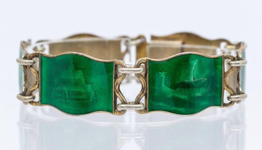 Einar Modahl- Oslo- a Modernist silver gilt and enamel Norwegian bracelet, comprising six green - Image 2 of 3
