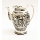 A large mid 19th century coffee/tea pot with transfer detail of French soldiers and hunting scenes -