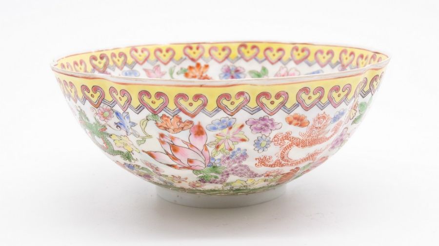 A boxed Famille Jaune eggshell porcelain Chinese bowl with 5-claw dragon, Republic era, seal mark to
