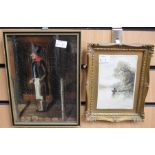 19th century primitive oil painting 'Old Man' and small framed watercolour