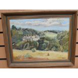 D. Grant - Oil painting of Country scene with Mansion to centre, approx. 39.5cm across x 29.5cm