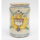 ***WITHDRAWN***An 18th century Italian tin-glazed earthenware Alberello pharmacists drugs jar.