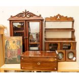 19th century trinket box, icon, two miniatures, miniature mahogany dresser and book case/.