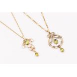 Two Edwardian style 9ct gold pendants to include one set with oval peridots and half pearl