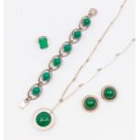 Niels Eric From- a suite of silver and chrysoprase set Modernist Danish jewellery to include a