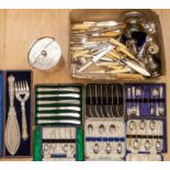 Cased silver plate flatwares, condiments and loose items.