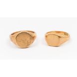 Two 9ct rose gold signet rings, one with round top, size U, the other cushion top, size Q,