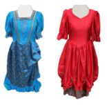 A large collection of theatrical and fancy dress outfits to include: a peacock blue and brocade