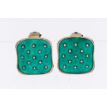 Oystein Balle- a pair of silver gilt and green guilloche enamel Norwegian earrings, cushion shaped