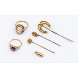 Two Victorian 9ct gold stick pins, set with diamond and ruby, (one top loose) along with a 9ct