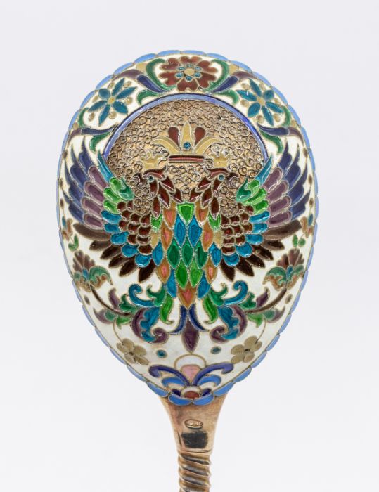 A mid to late 20th Century Russian 84 standard silver and cloisonné enamel large spoon, the - Image 3 of 4